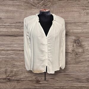 Bella Dahl Raglan Sleeve Button Up Ruffle Neck V-Neck Blouse Size XS